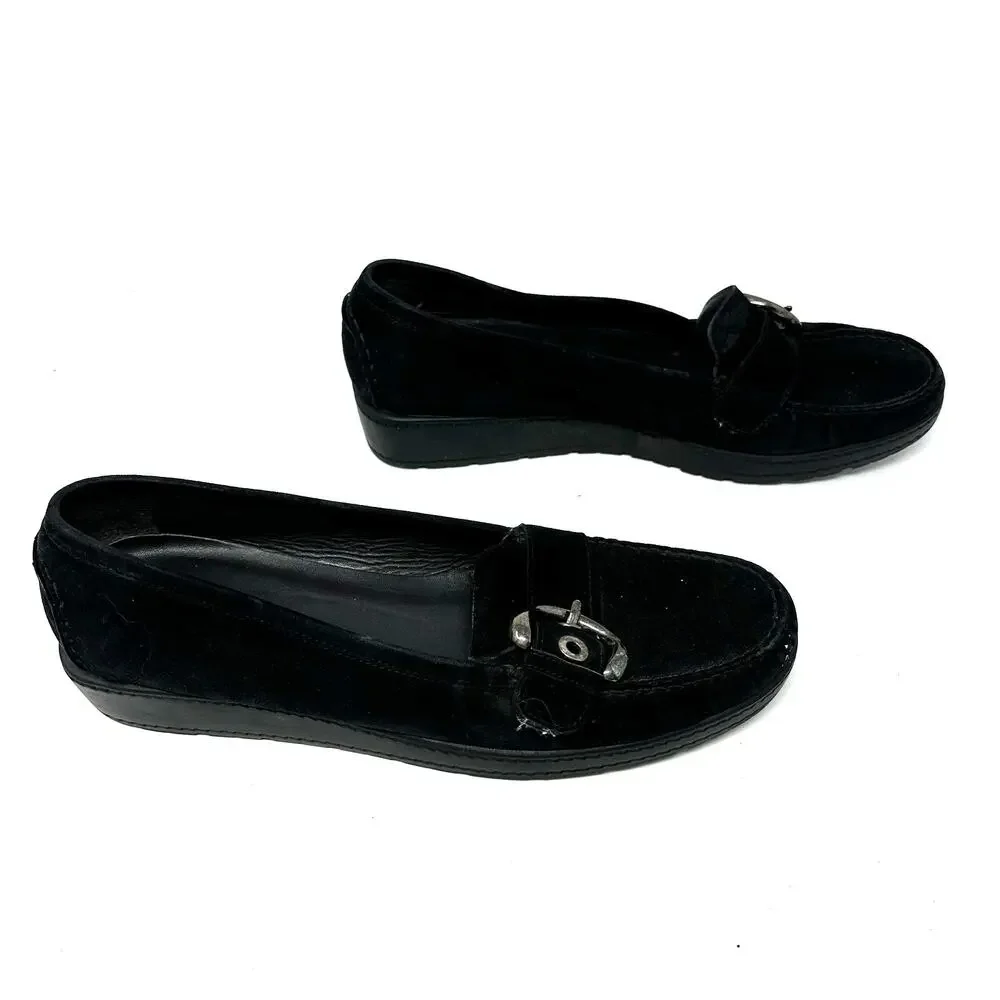 Stuart Weitzman Size 10 Flats Black Suede Loafers Stitched Buckle Slip On Casual